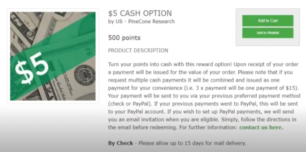 Withdraw earnings through check and PayPal with Pinecone Research