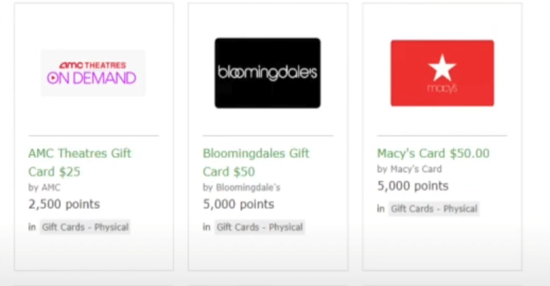 The examples of the gift cards offered by Pinecone Research
