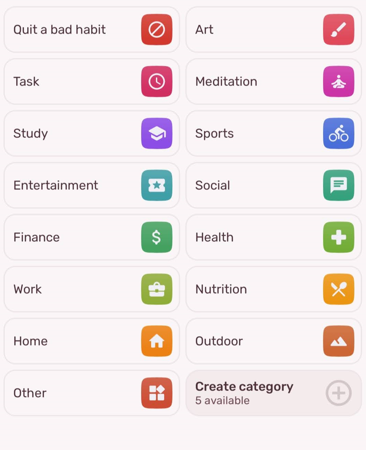 HabitNow app task category examples
